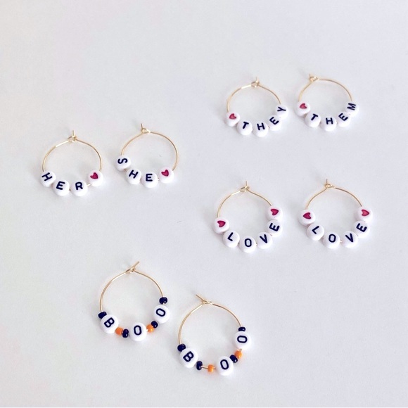 New Pronouns She Her Message Word Love Handmade Earrings Hoops Taylor Swift Gift - Picture 5 of 5